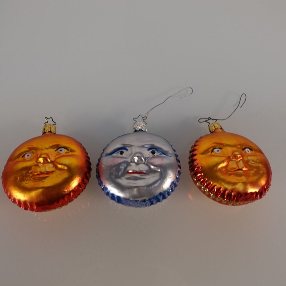 Vintage Germany Lot of 3 Inge Glas Christmas Ornaments Orange Sun Blue Moon Face
